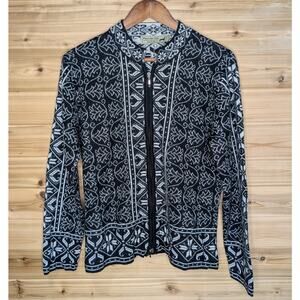 Peruvian Link Sweater Womens Large Black White Patterned Zip Front Cardigan